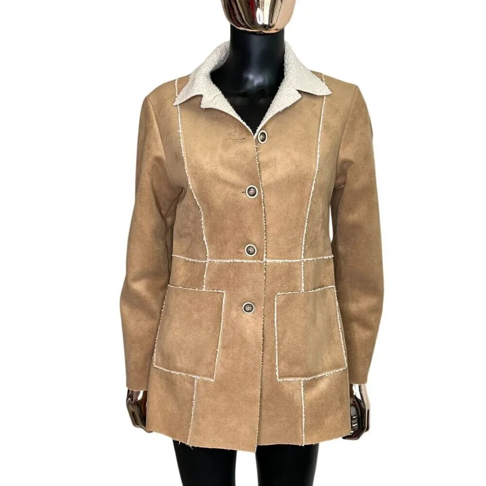 CAbi Style 932 Faux Suede Shearling Jacket Camel Tan XS